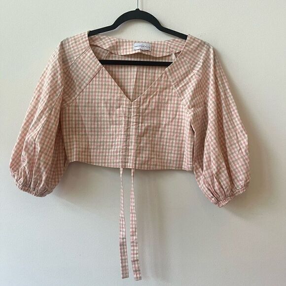 Chriselle x J.O.A Women's Pink Gingham Balloon Sleeve V-Neck Crop Top Size XS - Picture 1 of 8